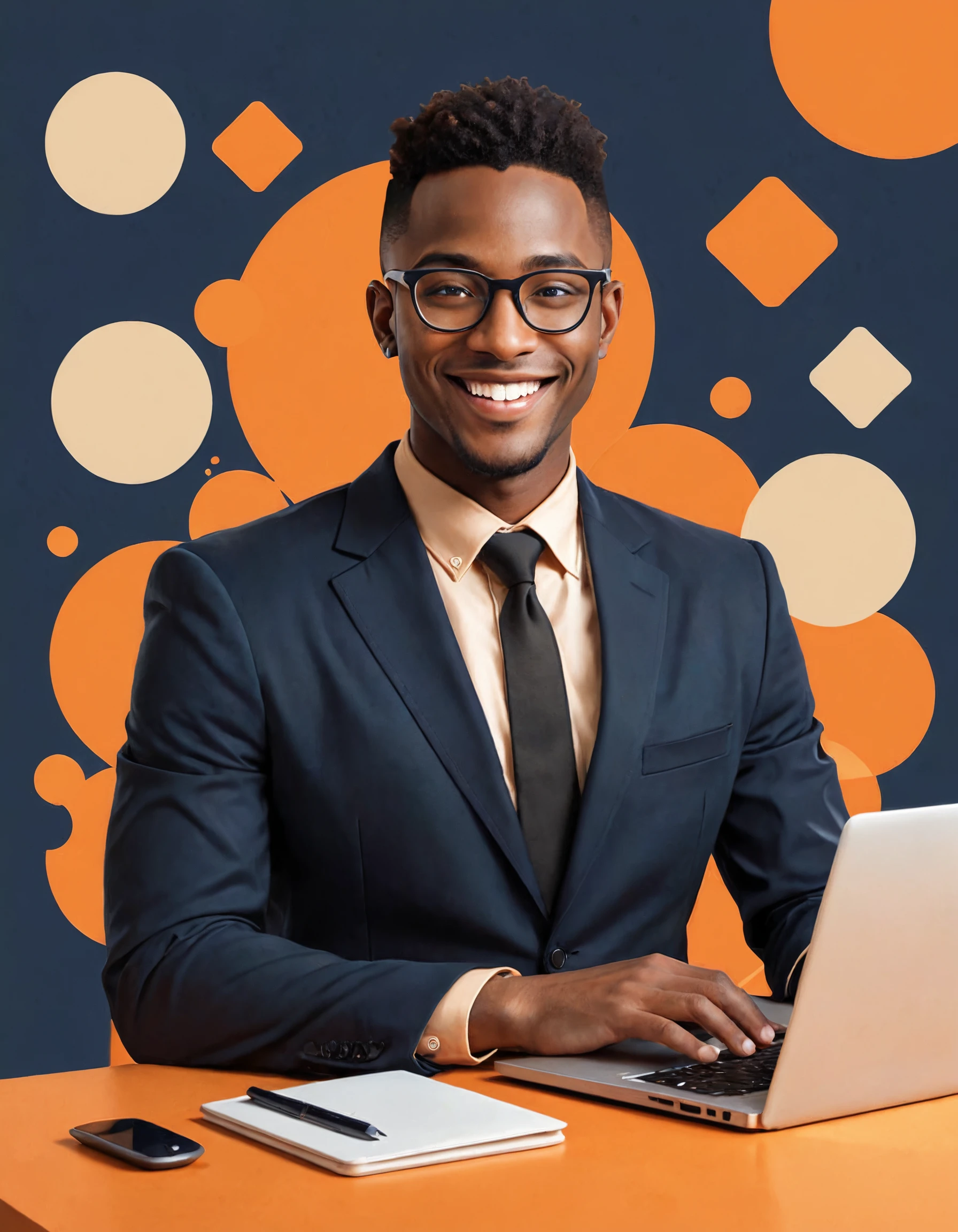 CCentered graphic illustration, (Black male wearing glasses and black suit, smiling while working on laptop:1.3), Balanced composition, Warm orange shapes, Neutral beige background, (Joyful emotion:1.2), Relaxed pose, Simple geometric patterns in orange and navy blue, Clean background, Soft, even lighting, Bright atmosphere, Modern flat design style, ( text on laptop cover: "maintenance mode":1.2)