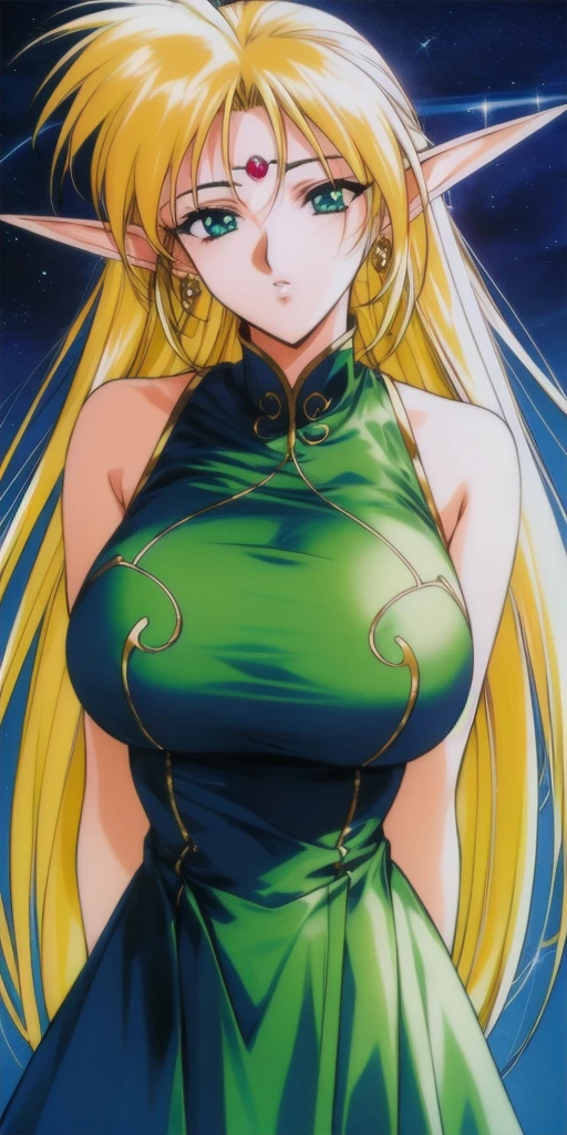 <lora:DeedlitV8:.7>deedlit, standing, huge_breasts, solo, arms_behind_back, starry_sky, green_sleeveless_short_dress, 1990s_\(style\), 1980s_\(style\), retro_artstyle,, masterpiece, best_quality, detailed_face, detailed_eyes, highres, beautiful, detailed, absurdres,