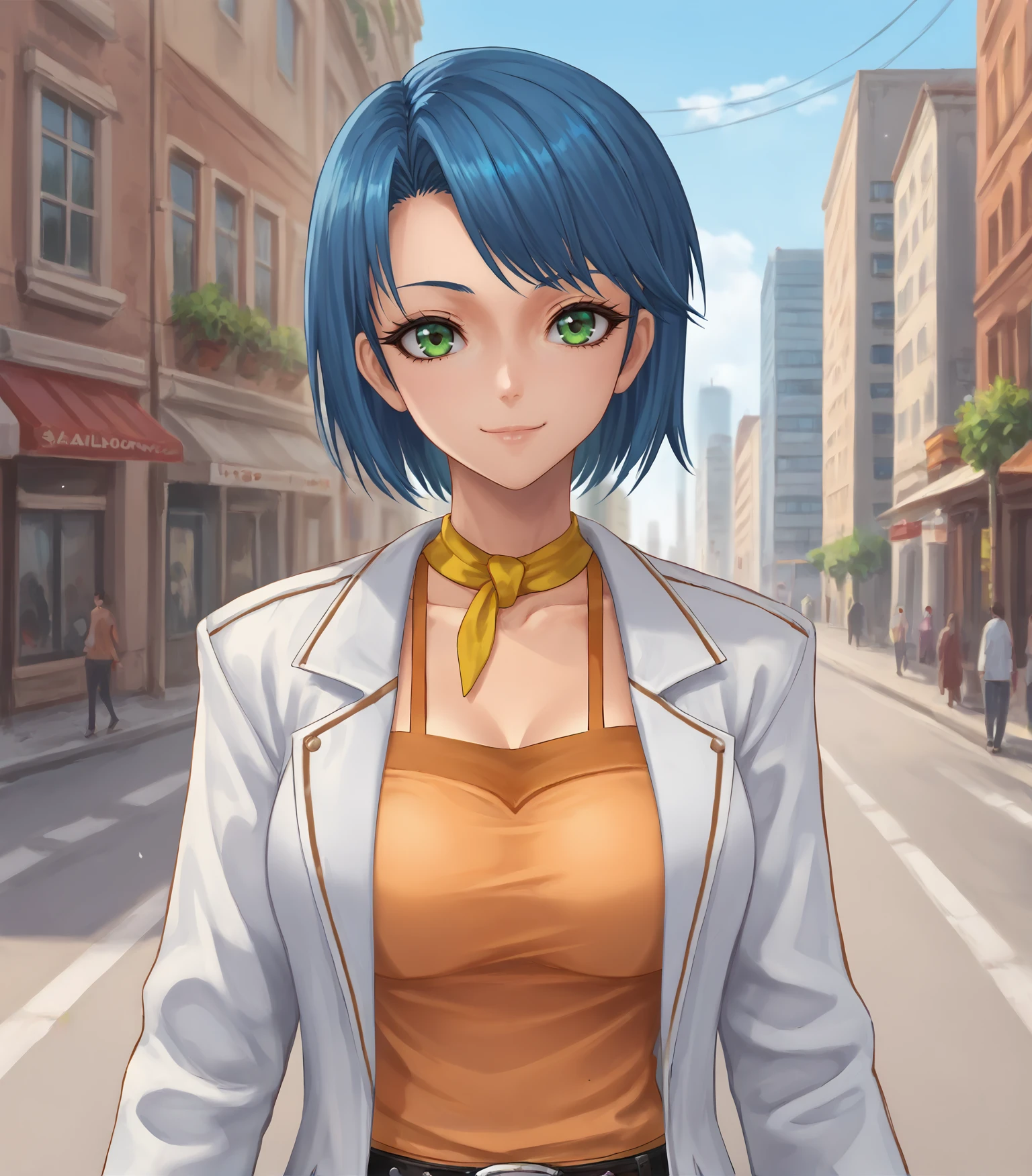 score_9, score_8_up, score_7_up,
1girl, solo, <lora:SaylaCasual:0.9>, Sayla, blue hair, green eyes, large breasts,  yellow neckwear,, white coat, orange camisole, capri pants, belt, black shoes,, 
upper body, portrait , looking at viewer, smile, outdoors, street, city, buildings,
<lora:LDART_style_pony_v3:0.7>,,  <lora:Racoonkun_Artist_Style:0.4>, racoonsan,,