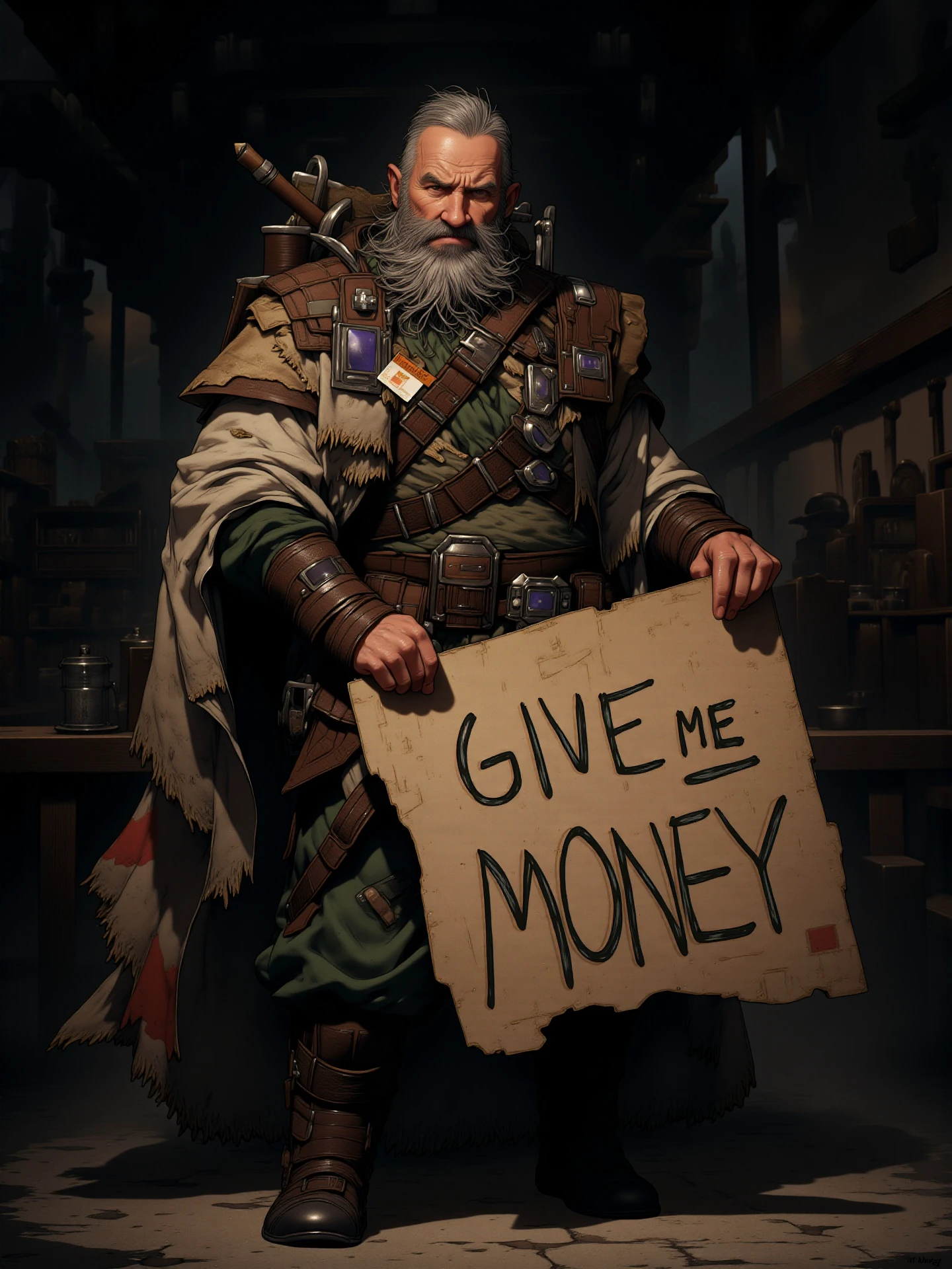 A rugged middle-aged adventurer stands holding a hand-made sign that reads ‘Give Me Money’ in bold, rough letters. The man has a scruffy beard, unkempt hair, and wears a worn-out adventurer’s outfit with patched armor and a tattered cloak. His expression is a mix of desperation and determination as he clutches the sign with both hands. The scene is set in a dimly lit tavern or a rundown marketplace, with the sign prominently displayed as he tries to get attention. The background hints at a life of hardship and rough adventures, now reduced to begging in a gritty and harsh world