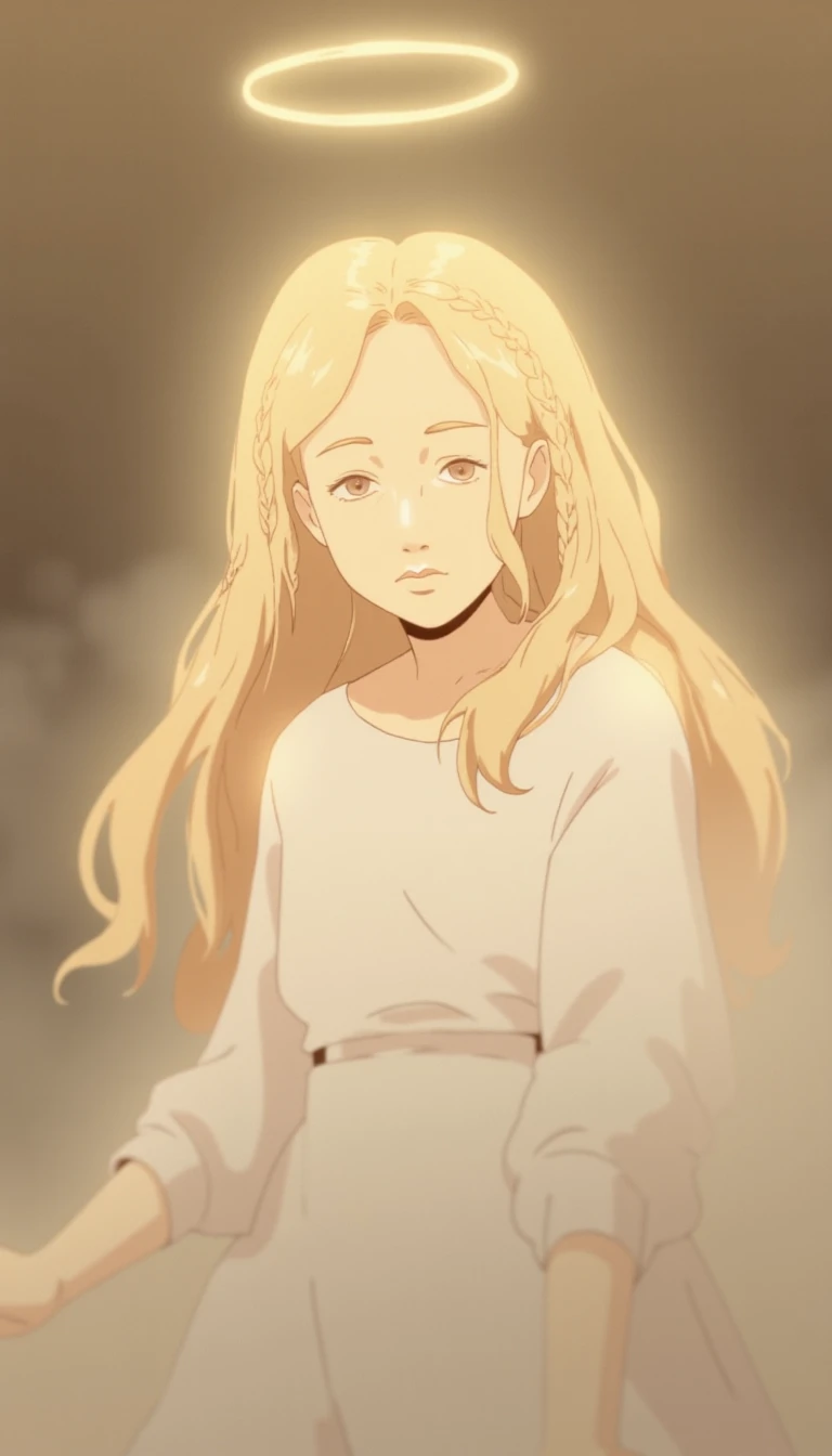 A soft, ethereal portrait of Miquella, a young boy with long, flowing blonde hair, delicately braided on the sides. A gentle halo of light hovers above her head, casting a warm, golden glow over her serene face. She wears a flowing white gown, blending into the misty, sepia-toned background. The lighting is soft and diffuse, creating a dreamy, almost divine atmosphere, with subtle highlights accentuating the girl's angelic presence. The overall scene is calm and otherworldly, evoking a sense of peace and purity.
