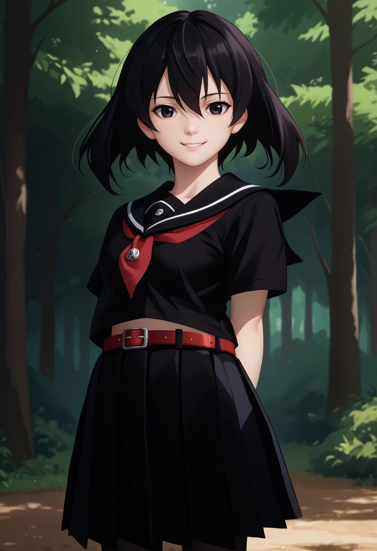 score_9, score_8_up, score_7_up, source_anime, solo, 1girl, agkkurome, smile, looking at you, standing, arms behind back, head tilt, school uniform, black serafuku, black shirt, black sailor collar, red neckerchief, short sleeves, black skirt, pleated skirt, red belt, black pantyhose, outdoors, forest
<segment:yolo-face_yolov8m.pt,0.4,0.5//cid=1>