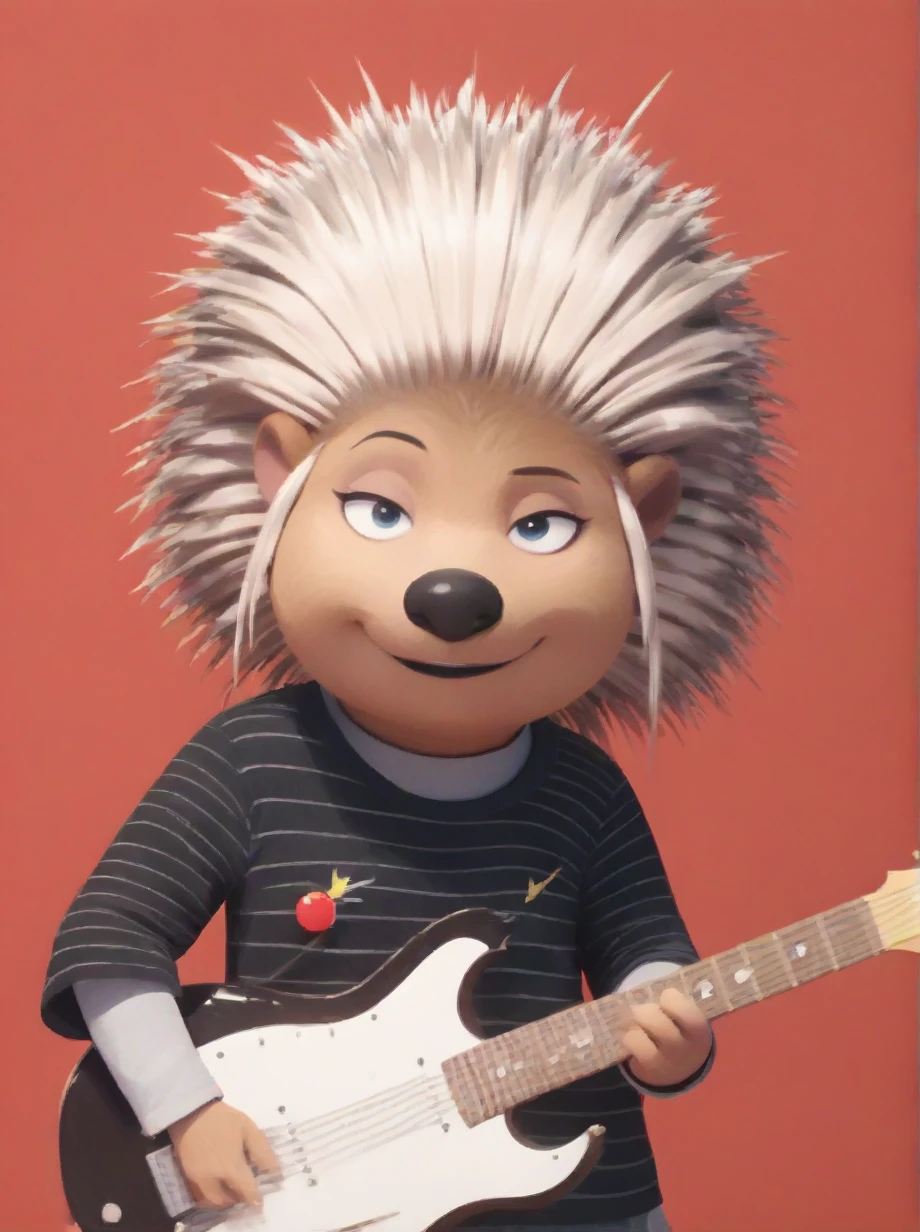 score_9_up, score_8_up, score_7_up, score_6_up, score_5_up, Ashsing, porcupine, anthro, female, face shot, striped shirt, guitar, side view, smile, looking at viewer, from side, red background