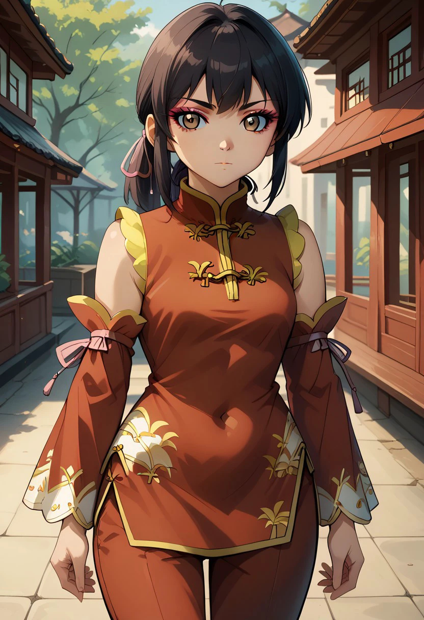 score 9, score 8 up, score 7 up, bakugan, 1girl, solo, chan lee, black hair, eyeshadow, makeup, brown eyes, ponytail, bangs, chinese clothes, red dress, china dress, pants, pink ribbon, detached sleeves, cowboy shot, outdoor, looking at viewer, closed mouth