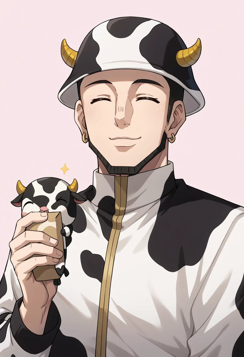 score_9, score_8_up, score_7_up, source_anime, rating_safe, holding character (cow) doll, MizaiHXH, closed eyes, Mizai facial hair, gold earrings, 1boy, male focus, white-black Mizai hat, hat horns, cow print, casual clothes, wide smile, hands with five fingers, simple light pink background, cute wallpaper, happy-cheery,