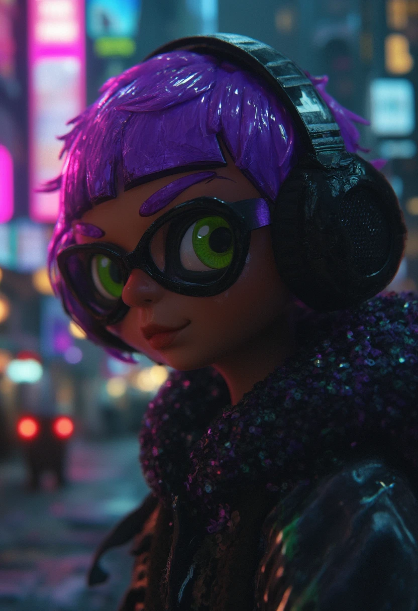 A close-up of a dark-skinned inkling, green eyes, purple hair, headphones, sunglasses, in cyberpunk city, at night