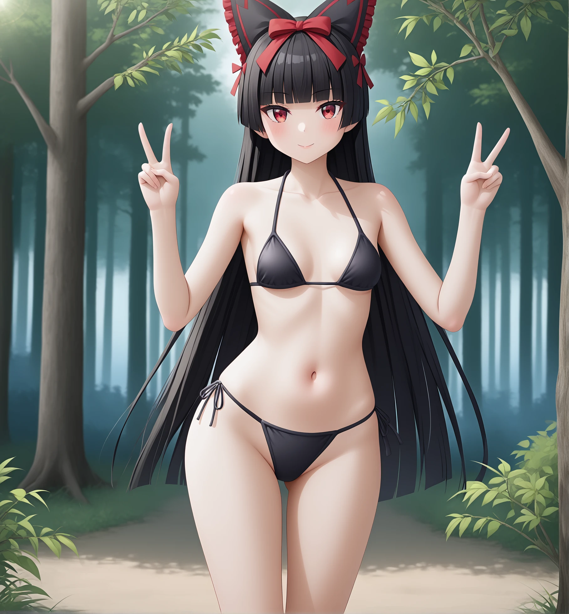 score_9, score_8_up, highres, 2024, BREAK, hi res, source_anime, best quality, masterpiece, 2d, intricate details, official style, anime, 4k, anime style,
e621, 1girl, solo, female, long hair, black hair, red eyes, very long hair, blunt bangs, gate - jieitai ka no chi nite kaku tatakaeri,
ribbon, hair ribbon, hair bow,
bikini, black bikini, side-tie bikini bottom, string bikini,
small breasts, medium breasts, collarbone, bare shoulders, bare arms, bare legs, wide hips, huge ass,
double v, cowboy shot, foreshortening, looking at viewer, outside, forest, foliage, trees, branches, plant, <lora:RoryMercury_Pony:1>