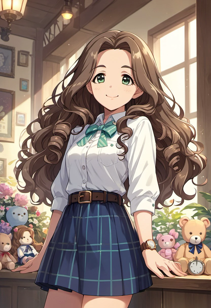 score_9, score_8_up, score_7_up, source_anime, kusakabe wakaba, long hair, brown hair, green eyes, 1girl, watch, belt, skirt, wristwatch, solo, smile, stuffed toy, bow, curly hair