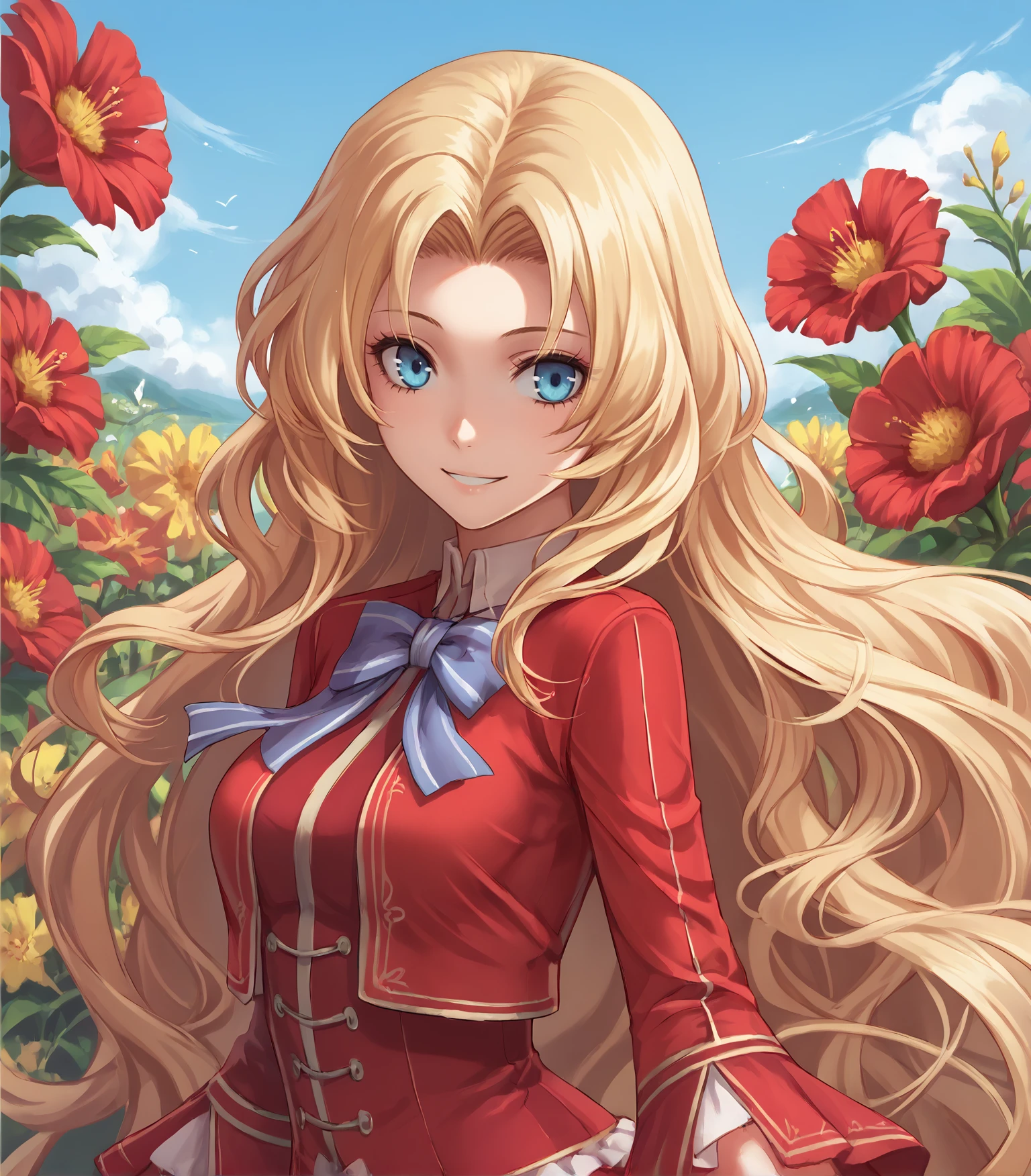 score_9, score_8_up, score_7_up,
1girl, solo, <lora:AlfinReiseArnorCS1:0.9>, Alfin Reise Arnor, blue eyes, blonde hair, very long hair, red hair bow, medium breasts, red dress, bowtie, frilled skirt, red boots,
outdoors, flowers, plants, sky, 
looking at viewer, upper body, portrait, smile,
<lora:LDART_style_pony_v3:0.7>,, <lora:Racoonkun_Artist_Style:0.4>, racoonsan,,