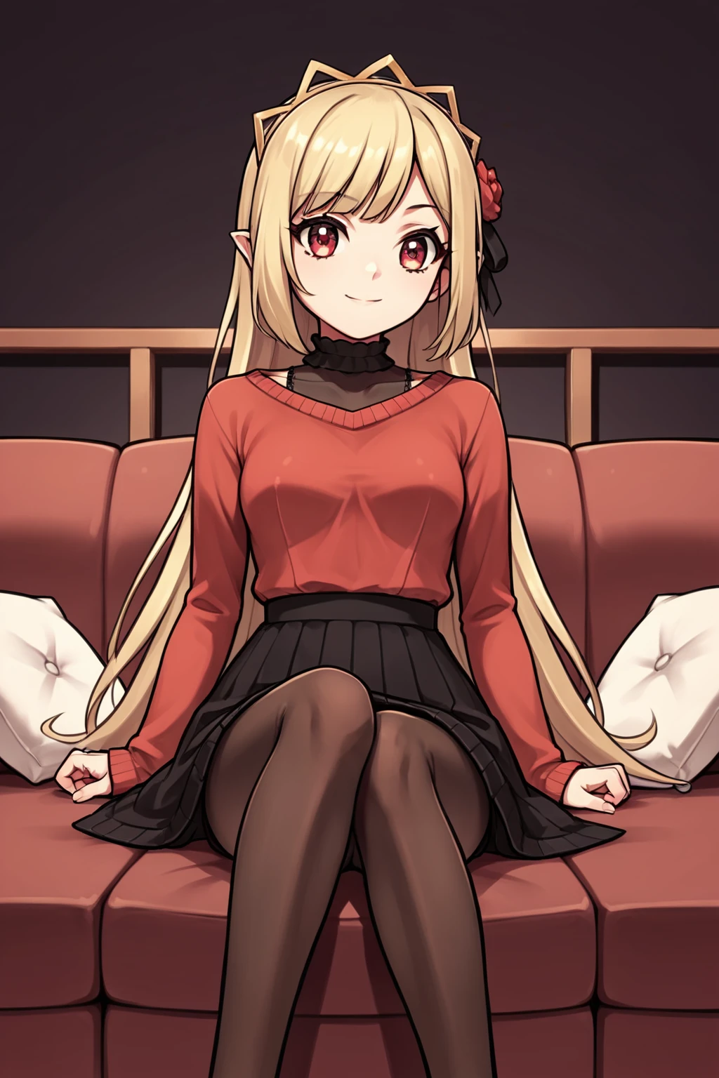 score_9, score_8_up, score_7_up, score_6_up, score_5_up, score_4_up,  source_anime, rating_safe, 1girl, ecute, sweater, tights, sitting, couch