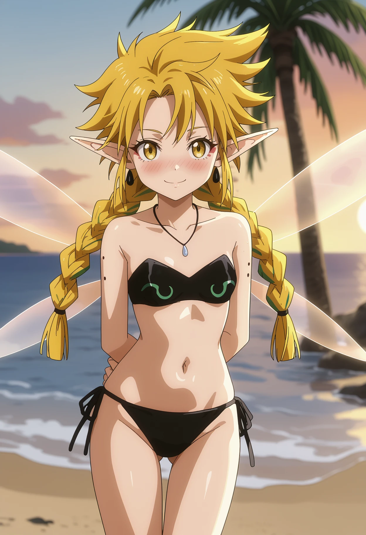 score_7_up, anime screencap,
<lora:TenSura_RamirisXL:0.9>, RamirisTS,
1girl, solo, closed mouth, light smile, nose blush,
long hair, twin braids, blonde hair, yellow eyes, pointy ears, facial mark, fairy wings, mole on arm,
strapless bikini, black bikini, necklace, side-tie bikini bottom,
standing, looking at viewer, thigh gap, arms behind back,
blurry background, beach, sunset, horizon, palm tree
