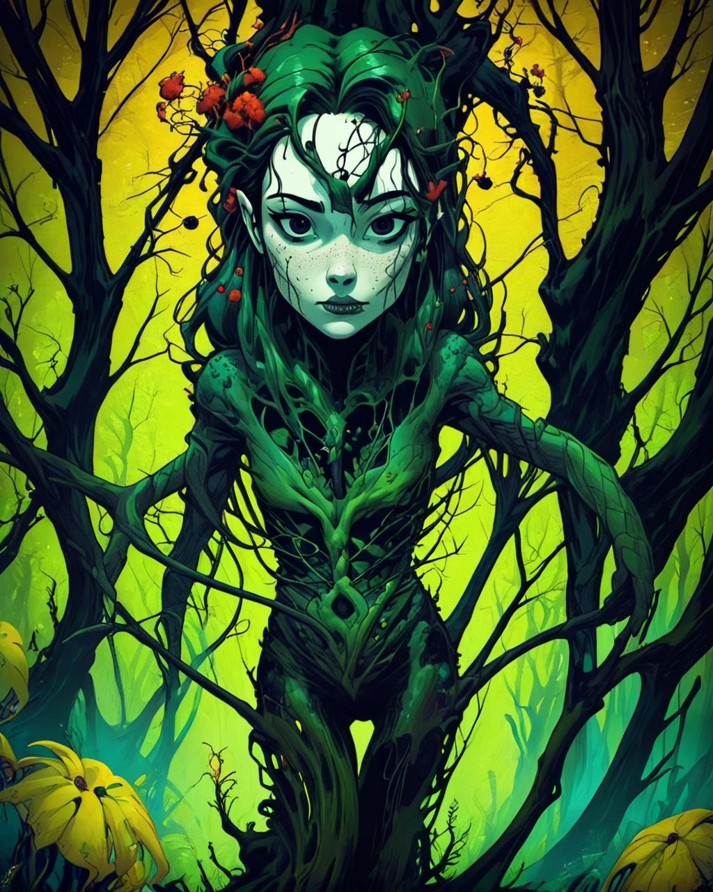 druid, moss over body, body covered with leaves, vine over body, forest, black eyes, dark background, dark theme, looking at viewer, hair leaves,  flowers in hair, very long hair, freckles, 4k, asymmetric, angled view