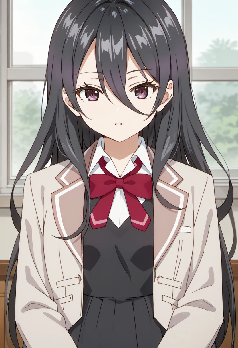 score_9, score_8_up, score_7_up, source_anime,ayano kimishima, long hair, black hair, hair between eyes, purple eyes, 1girl, solo, school uniform, bow, red bow, jacket, bowtie, long sleeves, skirt, indoors