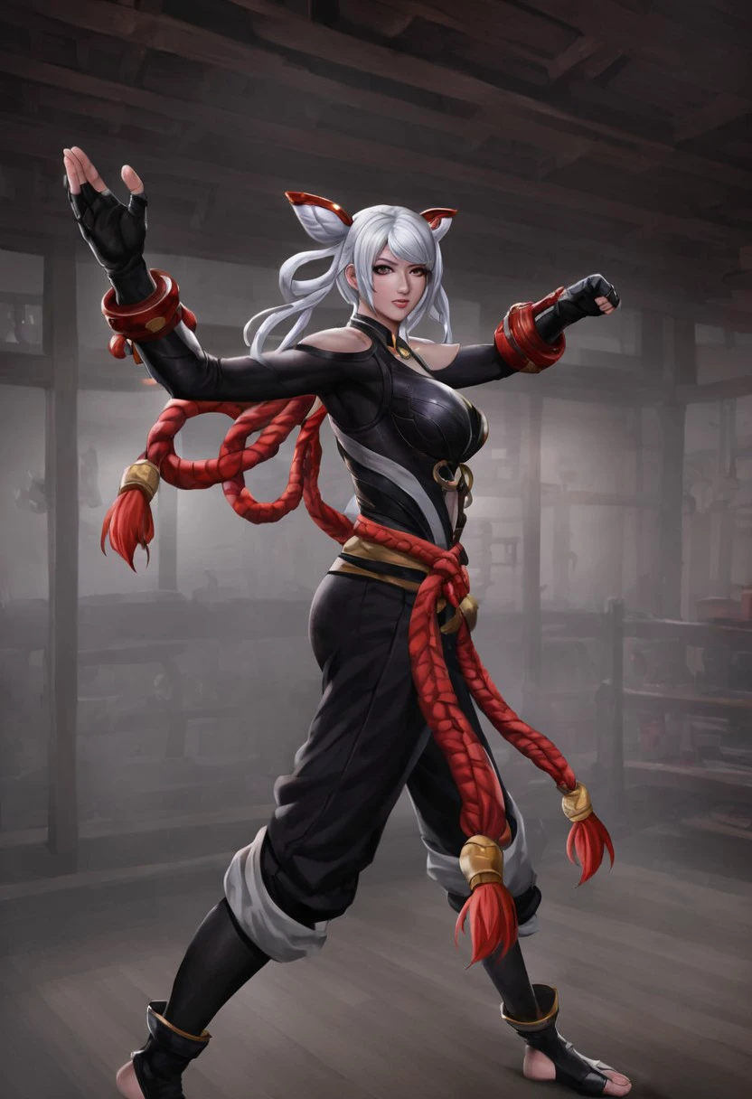 Qi_(Arena_of_valor),1girl, beautiful ,Photo realistic,high detail skin, (perfect hands), (perfect fingers),white skin, punching air,warm lighting, dojo_room