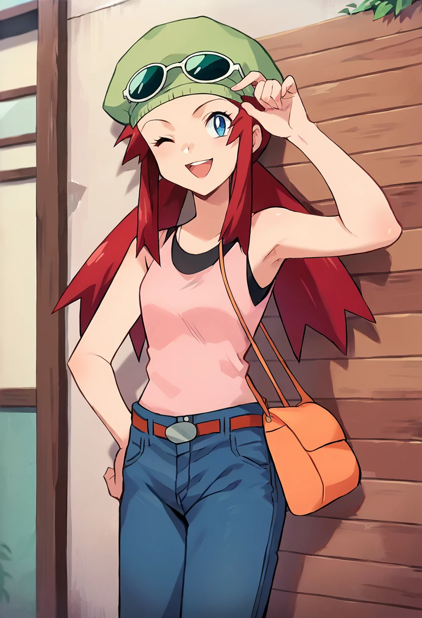 score_9, score_8_up, score_7_up, masterpiece, source_anime 1girl, ct_melody, blue eyes, red hair, twintails, green headwear, sunglasses, pink tank top, jeans, belt, brown handbag, indoors, wooden wall, looking at viewer, cowboy shot, one eye closed, happy, <lora:Melody_Pony_ct:1>