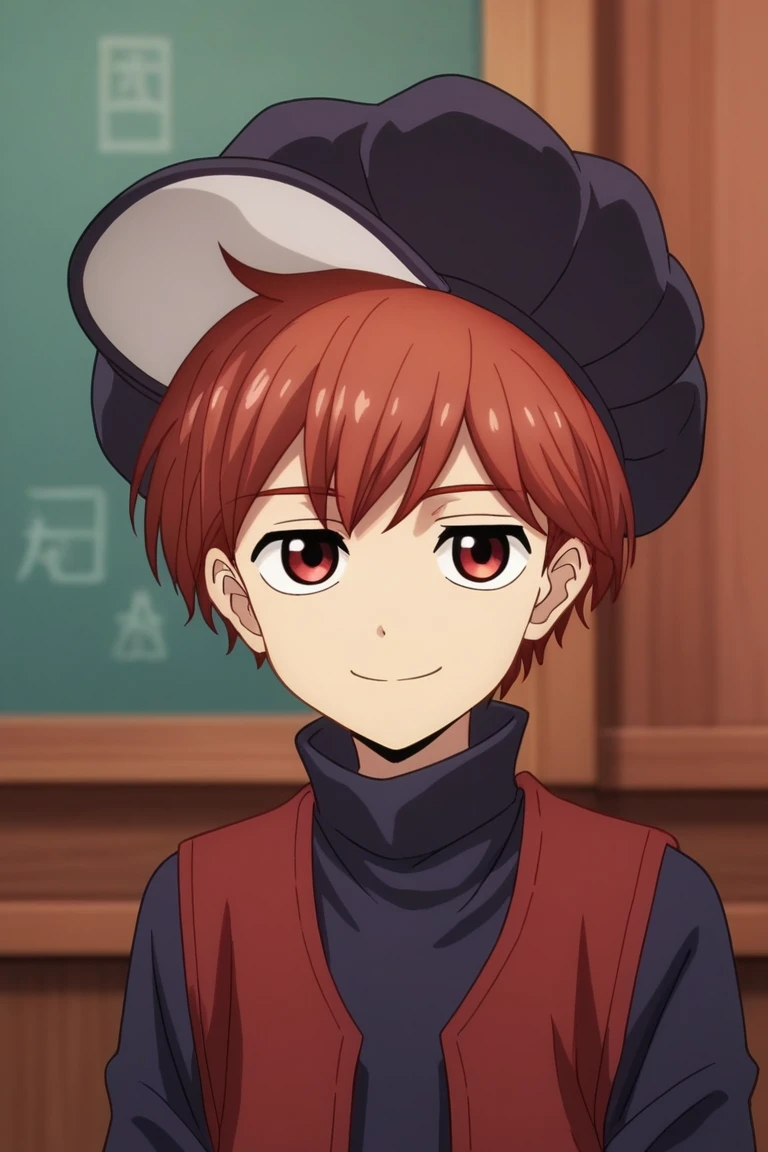 score_9, score_8_up, score_7_up, score_6_up, masterpiece, best quality, amazing quality, best aesthetic, absurdres, intricate details, near, red hair, red eyes, black hat, black shirt, red vest, hat, solo, smile, 1boy, short hair, male focus, turtleneck, sunburst, closed mouth<lora:EMS-462666-EMS:1.000000>