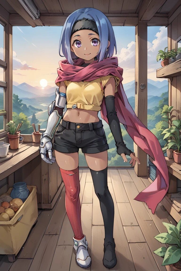 (score_9, score_8_up, score_7_up, score_6_up), source anime, BREAK, solo, <lora:Elena:0.80> eledef, dark skin, 1girl, purple eyes, short hair, blue hair, red scarf, headband, yellow crop top, midriff, ((single gauntlet)), black shorts, thighhighs, mismatched legwear, asymmetrical legwear, red thighhigh, black thighhigh, indoors, exterior, mountains, canyons, trees, scenery, standing, full body, sunset,  closed mouth, smile, looking at viewer, <lora:zy_Detailed_Backgrounds_v1:0.5> , detailed background, highly detailed,   <lora:backgroundsetXL:0.4> , background,   <lora:Agawa_Ryo_PonyXL:0.7>