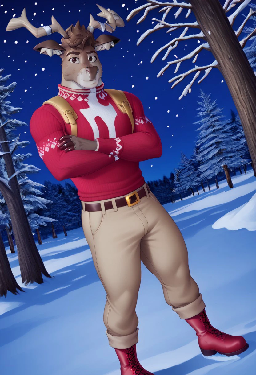 (((1boy, solo, male))), Dolph, reindeer, brown eyes, brown fur, antlers, looking at viewer,  smile ,crossed arms,(Dolph,:1.2), detailed fur, muscular, 5 fingers, dark palms, ((clothed:1.3)), snowy forest,  background, (high quality:0.8), digital art, 16-token-negative-deliberate, hyper bulge, 16-token-negative-deliberate, red sweater, tan pants, (((dutch angle))), night, red boots