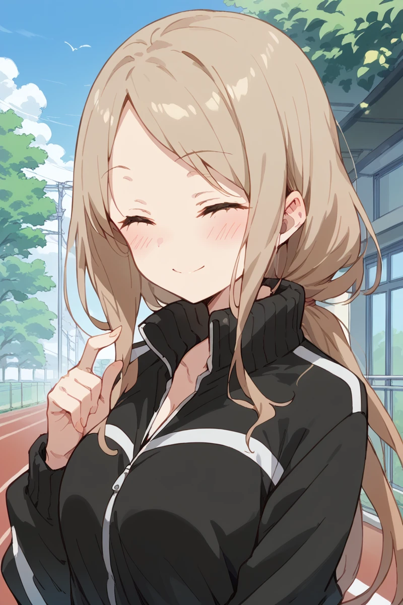 score_9, score_8_up, score_7_up, score_6_up, 
 <lora:Kotone_Noda:1> kotone, 1girl, solo, long hair, closed eyes, smile, blush, jacket, track jacket, brown hair