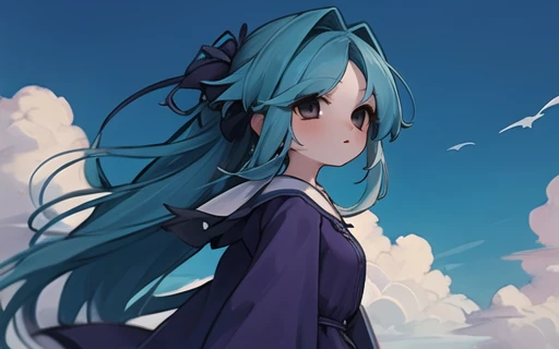 masterpiece, best quality, 1girl, blue hair, long hair, wind, standing, roof, sky, clouds, purple dress, wide sleeves, long sleeves, upper body, from side <lora:Uee_M__Style:1>