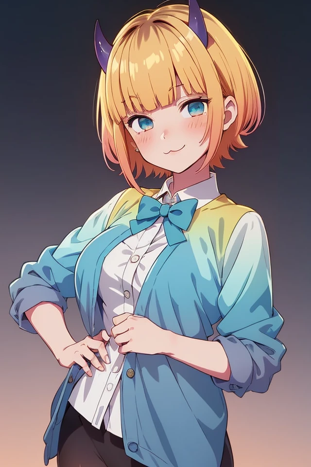 (P_Mem_Cho), 1girl, solo, short hair, :3, blunt bangs,  smile, blush, looking at viewer, (tiny horns), memcho, (gradient hair:1.5), blonde hair,
blue open jacket, white dress, blue bow tie, white shirt,