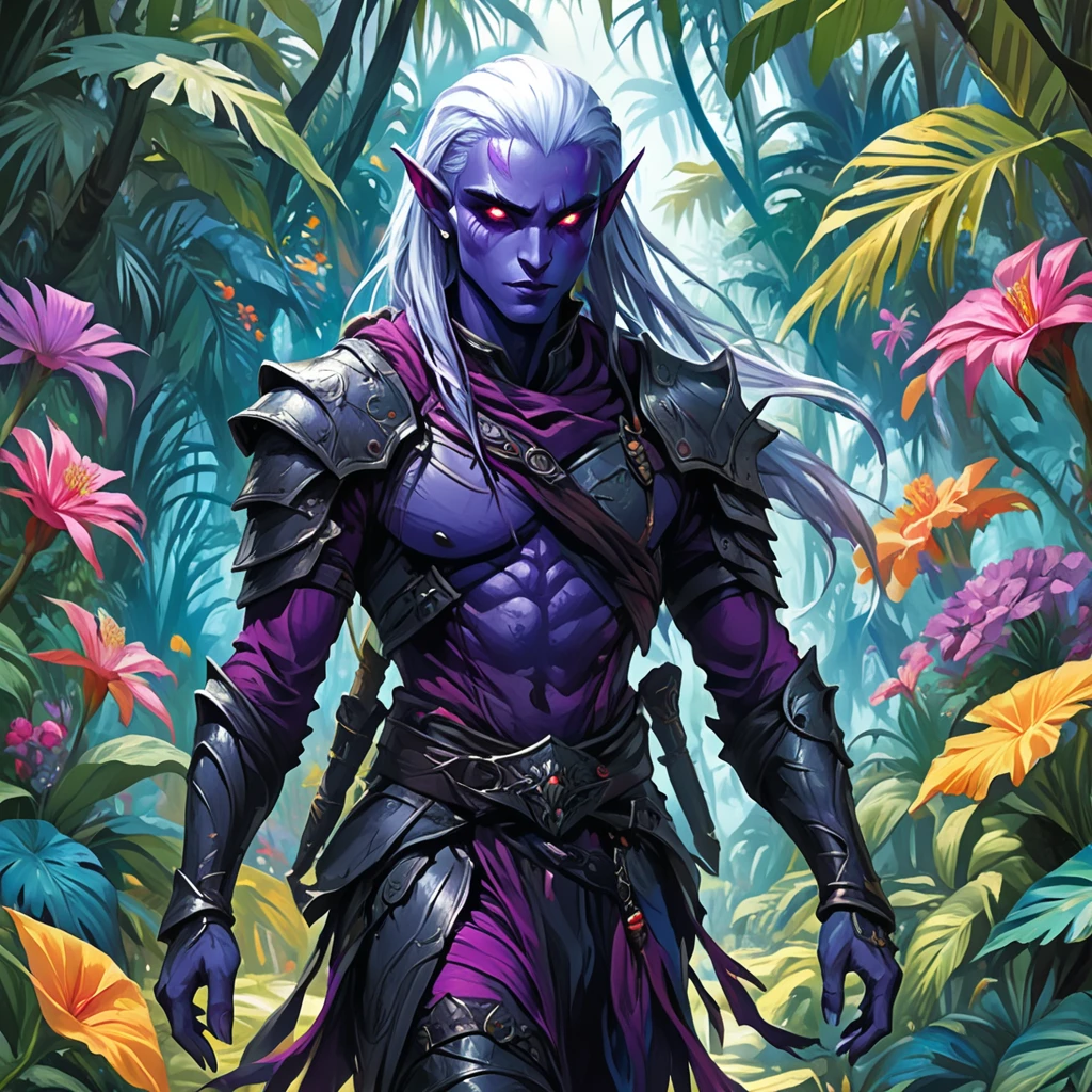 Dark Elf Warrior, walking through a colorful jungle, flowers