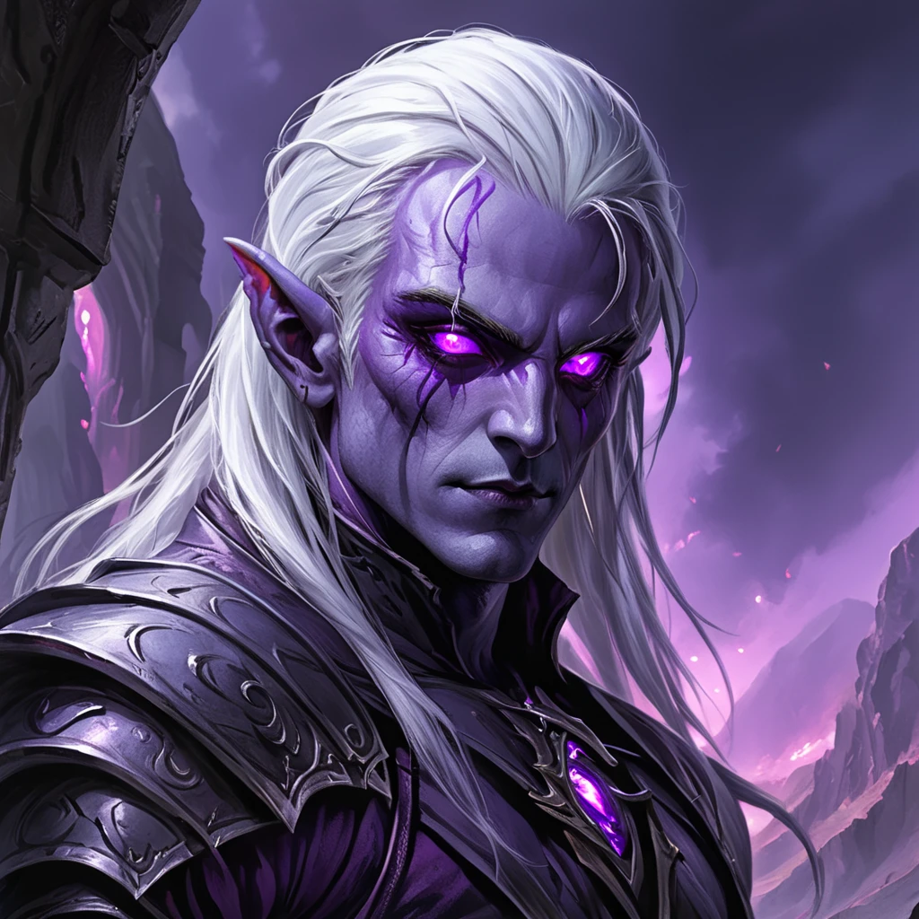 Dark Elf Warrior, 1man, silver hair, purple eyes, 