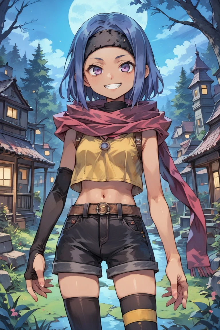 (score_9, score_8_up, score_7_up, score_6_up), source anime, BREAK, solo, <lora:Elena:0.75> eledef, (dark skin),1girl, purple eyes, short hair, blue hair, red scarf, headband, yellow crop top, midriff, ((single gauntlet)), black shorts, mismatched legwear, asymmetrical legwear, cowboy shot, night, exterior, forest, trees, closed mouth, smug grin,  looking at viewer, <lora:zy_Detailed_Backgrounds_v1:0.5> , detailed background, highly detailed,   <lora:backgroundsetXL:0.4> , background,   <lora:cr33pp41ntXLP:0.7> , cr33pp41nt,