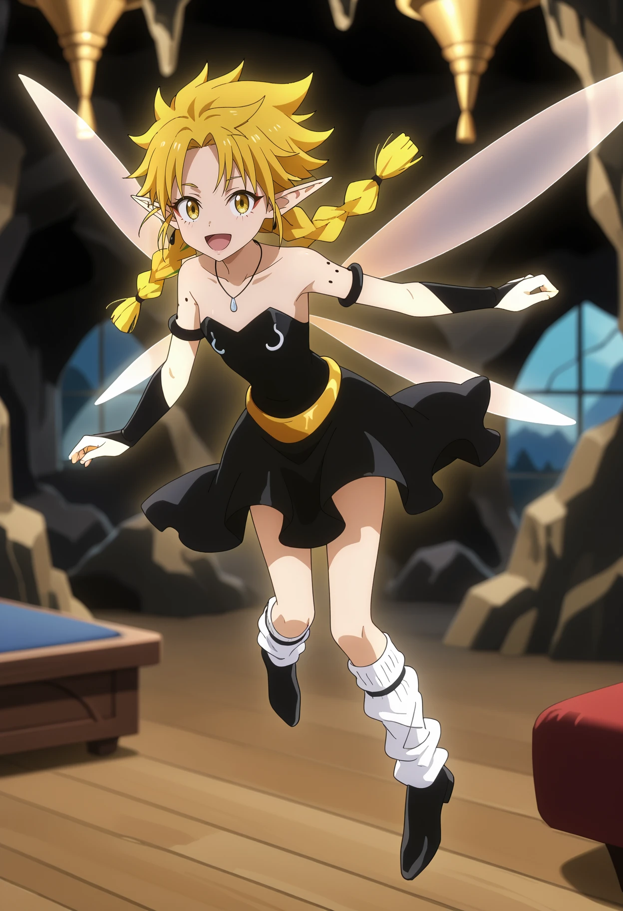 score_7_up, anime screencap,
<lora:TenSura_RamirisXL:0.9>, RamirisTS,
1girl, solo, open mouth, smile,
long hair, twin braids, blonde hair, yellow eyes, pointy ears, facial mark, fairy wings, mole on arm,
strapless dress, black dress, armlet, necklace, gold belt, bridal gauntlets, black gloves, loose socks, white socks, black footwear,
aura,
flying, looking at viewer,
blurry background, indoors, cave