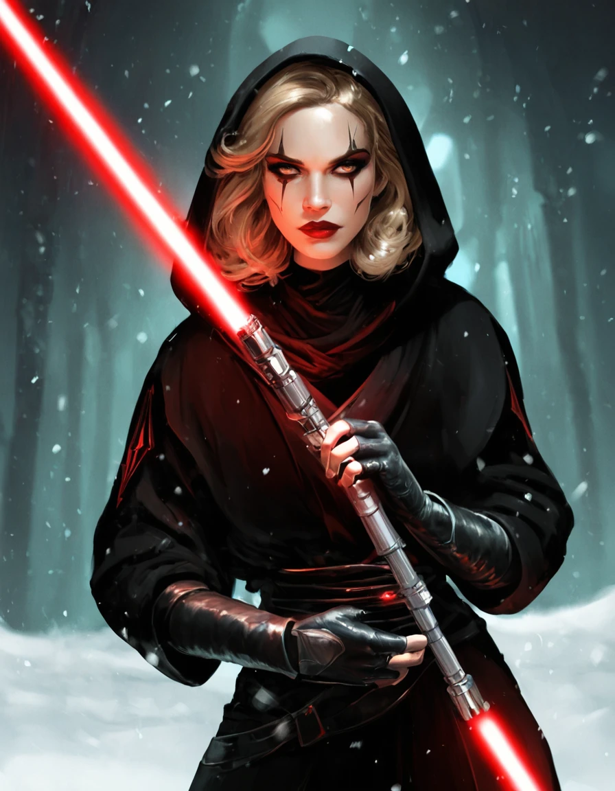 score_9, score_8_up, score_7_up, darth-zannah, star wars, 1girl, light brown hair, short hair, solo, weapon, lightsaber, hood, sword, fingerless gloves, gloves, long hair, closeup, makeup, lipstick, science fiction, snow, laser <lora:Darth_Zannah:1>