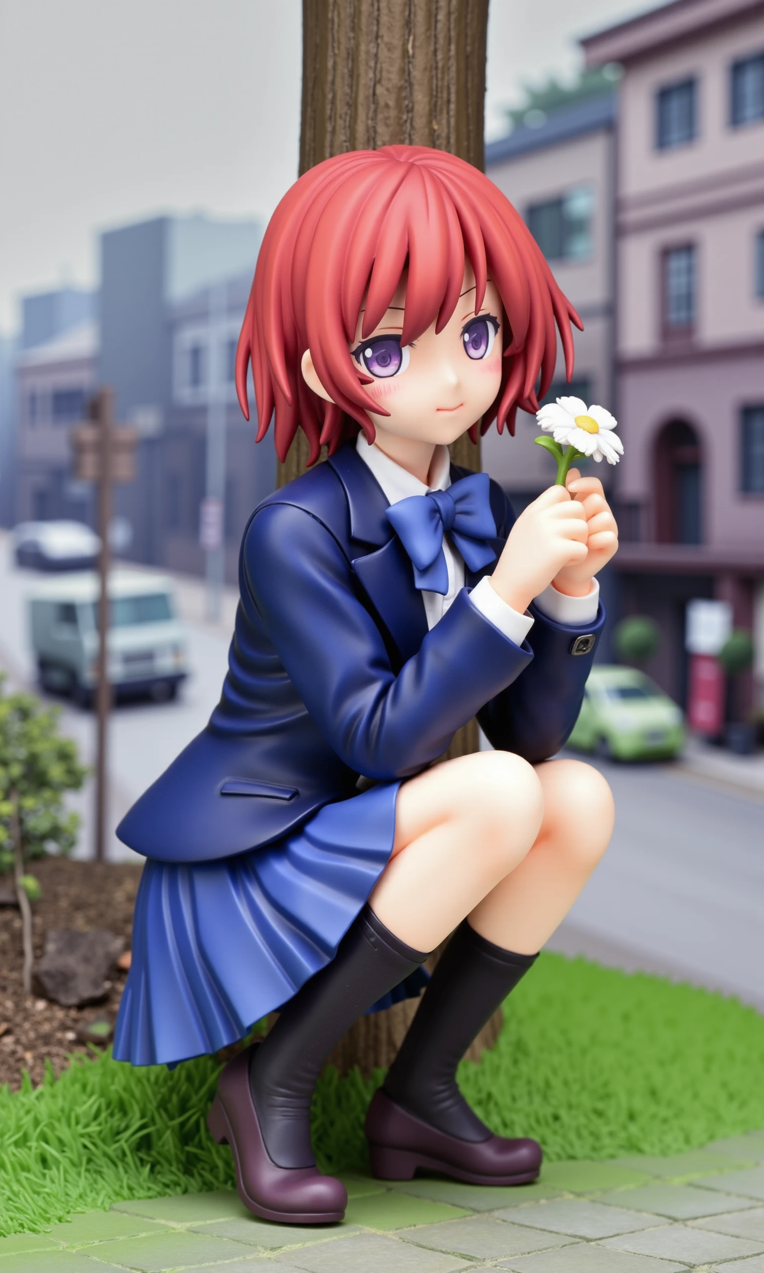 a 3D rendering of a figurine ,
nishikino maki, 1girl, solo, looking at viewer, short hair, skirt, long sleeves, holding, bow, jacket, school uniform, purple eyes, flower, outdoors, red hair, pleated skirt, shoes, socks, day, bowtie, blue skirt, tree, blue bow, squatting, blue jacket, black socks, grass, blazer, scenery, motor vehicle, blue bowtie, winter uniform, otonokizaka school uniform, photo background, real world location
 <lora:MiaoKaPVC_flux:1>