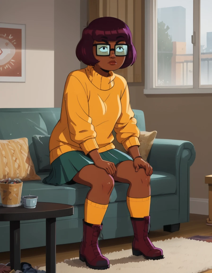 score_9, score_8_up, score_8,
<lora:Velma_HBO_for_PonyXL:0.8> 1girl, v4lm4, glasses, short hair, solo, sweater, dark skin, skirt, socks, boots,
sitting on couch, living room, window,