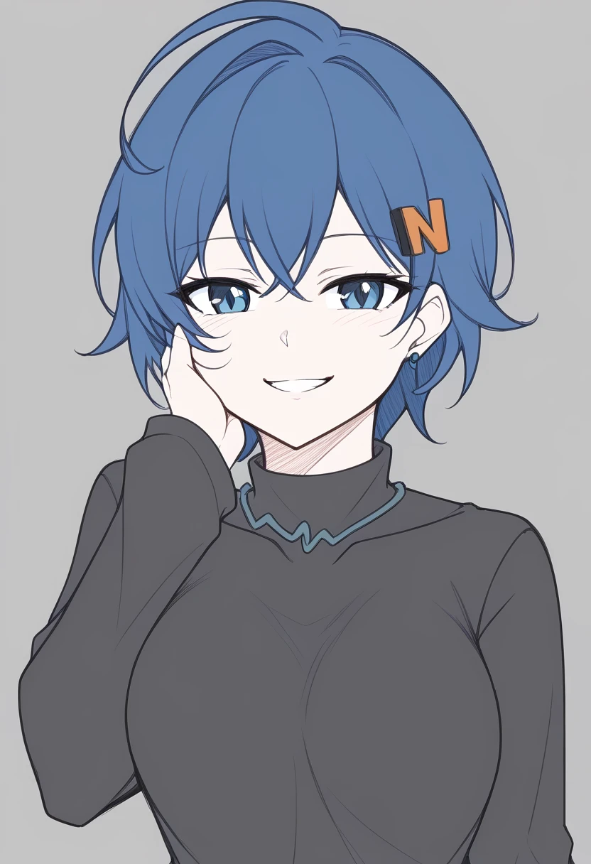 1girl, solo, belle \(zenless zone zero\), zenless zone zero, t1kosewad, sketch,
short hair, blue hair, blue eyes, hand on own cheek, seductive smile, teeth, medium breasts, long sleeves, black shirt,
white background,
score_9, score_8_up,
<lora:belle-pony:1> <lora:t1kosewad-pony:1>