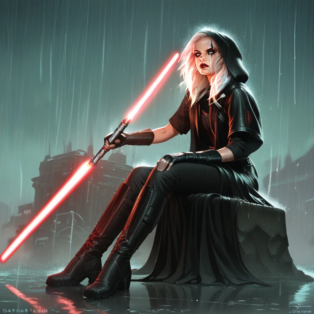 score_9, score_8_up, score_7_up, darth-zannah, star wars, 1girl, lightsaber, energy sword, solo, weapon, white hair, hood, sword, boots, fingerless gloves, gloves, long hair, makeup, sitting, signature, lipstick, science fiction, rain, laser