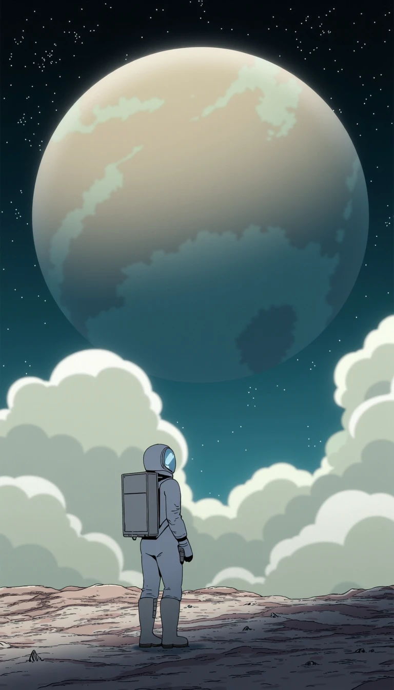 An astronaut stands on a barren, rocky surface, gazing up at a massive, cloud-covered planet that dominates the starry sky. The figure, clad in a white spacesuit with a reflective visor, holds a small device in one hand, pausing in contemplation. The vastness of space and the enormity of the planet create a powerful sense of solitude and awe, highlighting the fragility of the lone explorer against the cosmic backdrop.