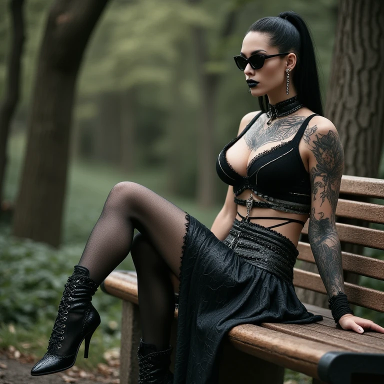 masterpiece,high resolution,super realistic,
, gothicstylenext,
, 1girl, fishnets, solo, sunglasses, breasts, bench, tattoo, sitting, black hair, tree, cleavage, skirt
, <lora:Gothic_haunted_world_r1:0.8>,