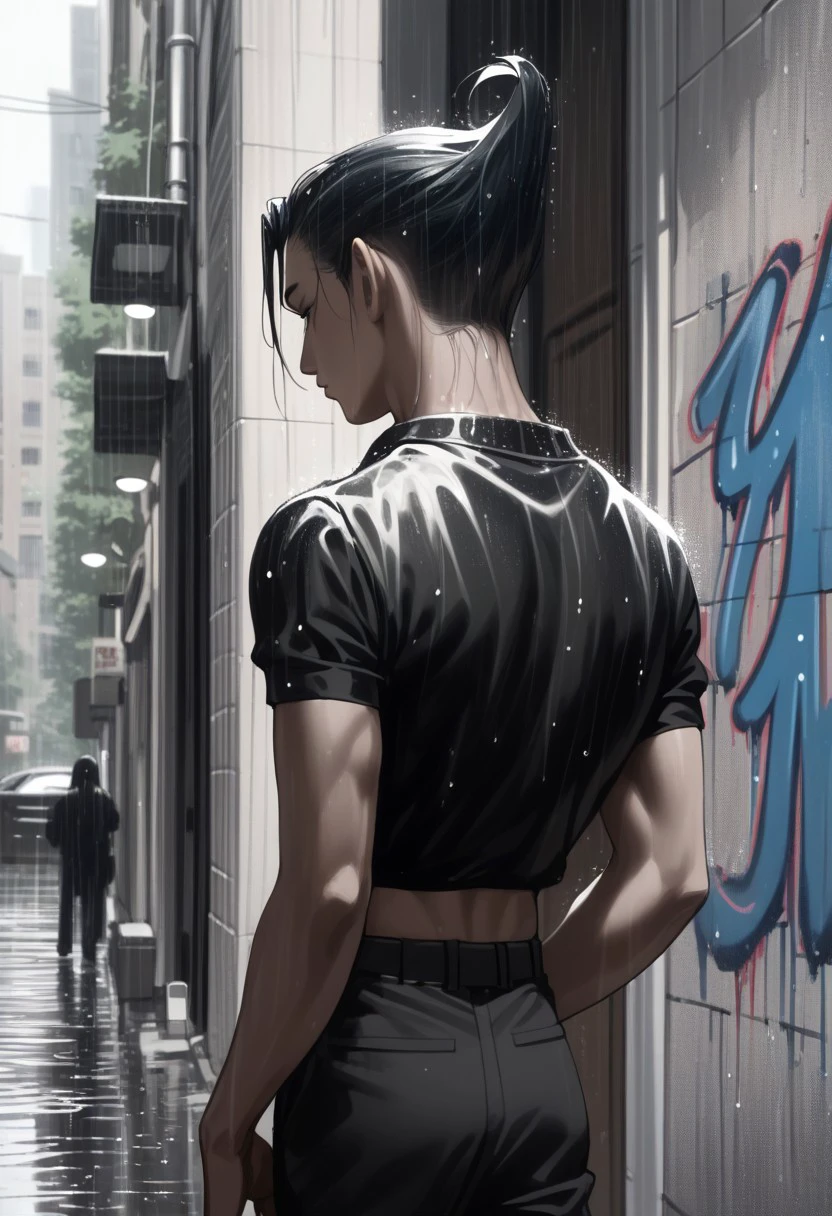 score_9, score_8_up, score_7_up, source_anime, rating_safe, raining, monochrome, ColtHXH, black hair, 1boy, male focus, from behind, pants, ruanyi0046, busy street, cropped legs, building exterior, graffiti wall, sad-gloomy, realistic shading,