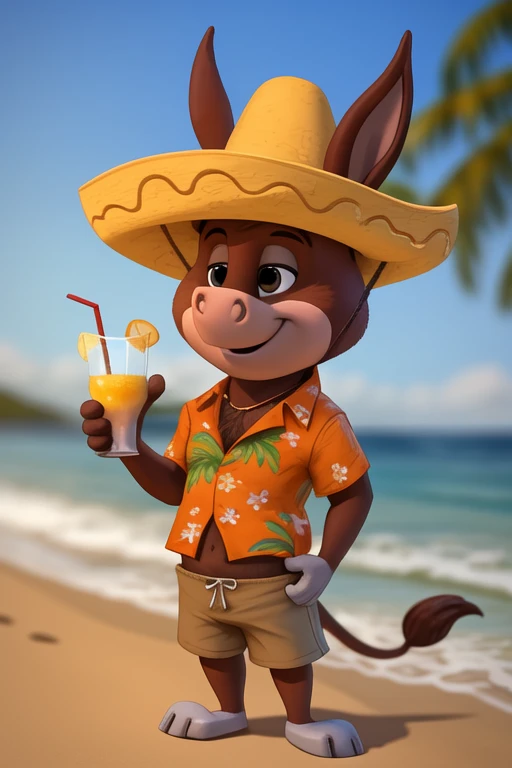 BabaLouie, male, burro, hawaiian shirt, shorts, sombrero, standing, pinup, beach, sea, sky, holding beverage, <lora:Baba-Louie:0.7>, uploaded on e621, (detailed background, depth of field), (intricate:1.1), (high detail:1.2), (soft focus), (masterpiece, best quality, 4k, 2k, shaded, absurd res)