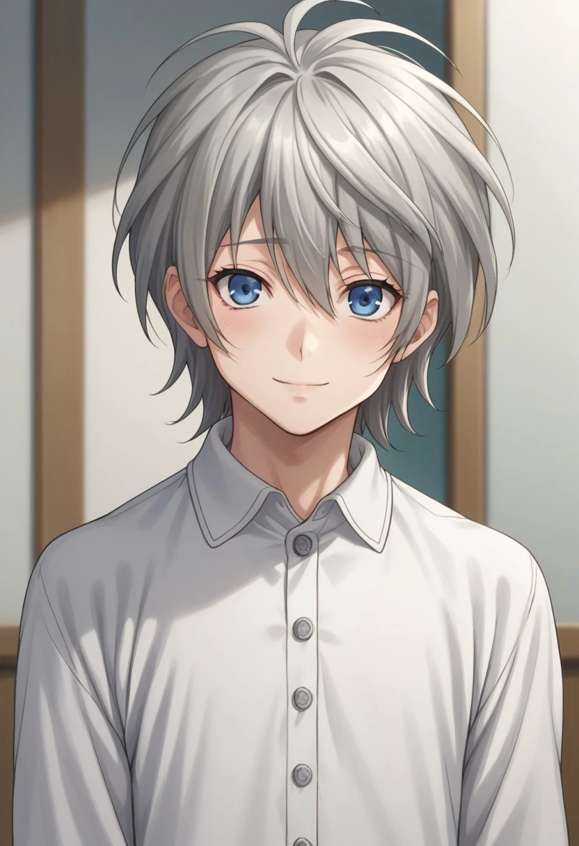 score_9, score_8_up, score_7_up, source_anime, highly detailed, 
shiina, solo, blue eyes, male focus, 1boy, upper body, grey hair, standing, long sleeves, looking at viewer, blue eyes,  smile, shy, 
indoor, pajama shirt,