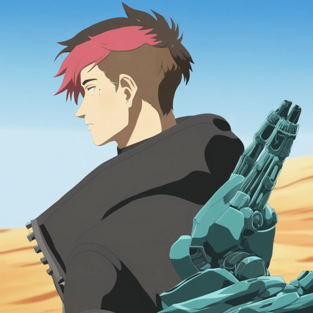 black shirt, from side, mole, multicolored hair, mechanical arms, weapon, prosthesis, sky, jacket, male focus