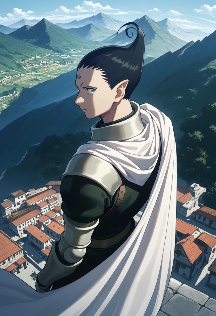 score_9, score_8_up, score_7_up, source_anime, rating_safe, looking back, ColtHXH, (black Colt hair), black Colt forehead mark, blue eyes, 1boy, male focus, white cape, armor, knight, from above, dutch angle, mountain,