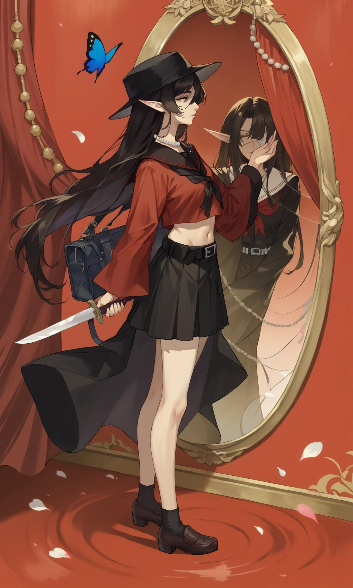 score_9, score_8_up, score_7_up, source_anime, diffRef, butterfly, uneven sleeves, stomach, red background, single horn, long hair, bag, profile, knife, eyepatch, black headwear, parted lips, japanese clothes, red shirt, indoors, black belt, window, petals, black hair, elf, tail, full body, black shirt, white background, school uniform, midriff, tomoe (symbol), ripples, pearl necklace, curtains, mirror