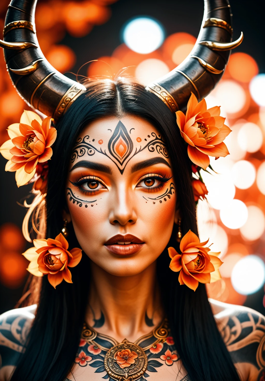 close-up portrait of a regal figure with intricate facial tattoos, adorned with large golden horns and vibrant orange flowers, dramatic lighting accentuating the delicate details, cinematic bokeh, Canon K35 prime lens 50mm, T1.3, ISO 200, shot in a controlled studio environment, sharp focus on the eyes, soft focus on the edges, emphasizing texture and color contrast. <lora:BDetailedv3-000007:1>