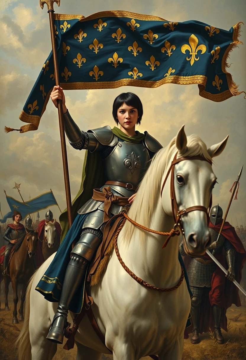 Masterpiece painting, dramatic angled-front view, , heroic painting of a beautiful girl on a medieval battlefield, short black hair, full-plate-mail armor, holding up a lance with a long and narrow blue and gold banner with hundreds of embroidered fleur-de-lis, defiance of an enemy, sitting on a large white steed,