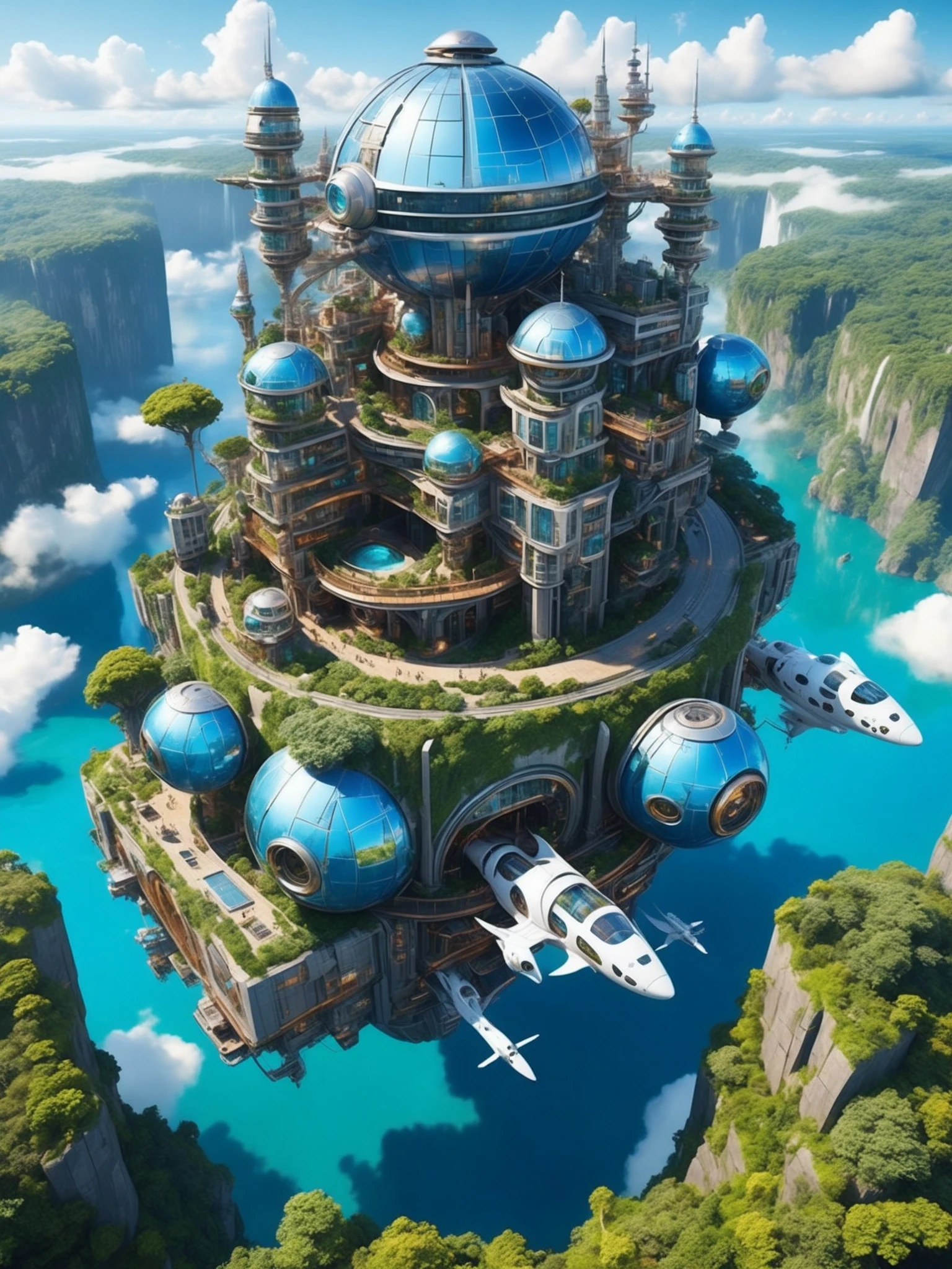 FRESHIDEAS Castle in the sky,A massive, floating space station with numerous glass spiral buildings and towers surrounding a central tower on an island at its core. The sky is a vibrant blue, with fluffy white clouds drifting overhead, and lush greenery covering the ground below. In the style of Hayao Miyazaki's anime. The buildings should feature some futuristic elements, such as flying vehicles or people wearing cyberpunk-inspired attire. It evokes a sense of familiarity and wonder, as if you're at home while experiencing something new and beautiful