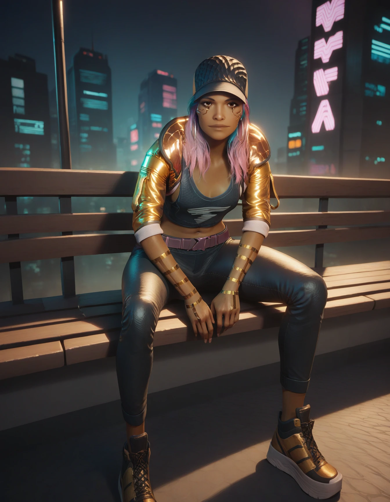 score_9, score_8_up, score_7_up, cyberpunk, 
xangiex, pink hair, blue hair, long hair, brown eyes, multicolored hair, dark-skinned female,
baseball cap, cropped jacket, tank top, belt, pants, platform footwear, bracelet, hoop earrings, 
outdoors, building, city, neon lights, night, bench, 
1girl, looking at viewer, solo, sitting, legs apart, leaning forward, 
<lora:angie-cp2077-000008:0.8>