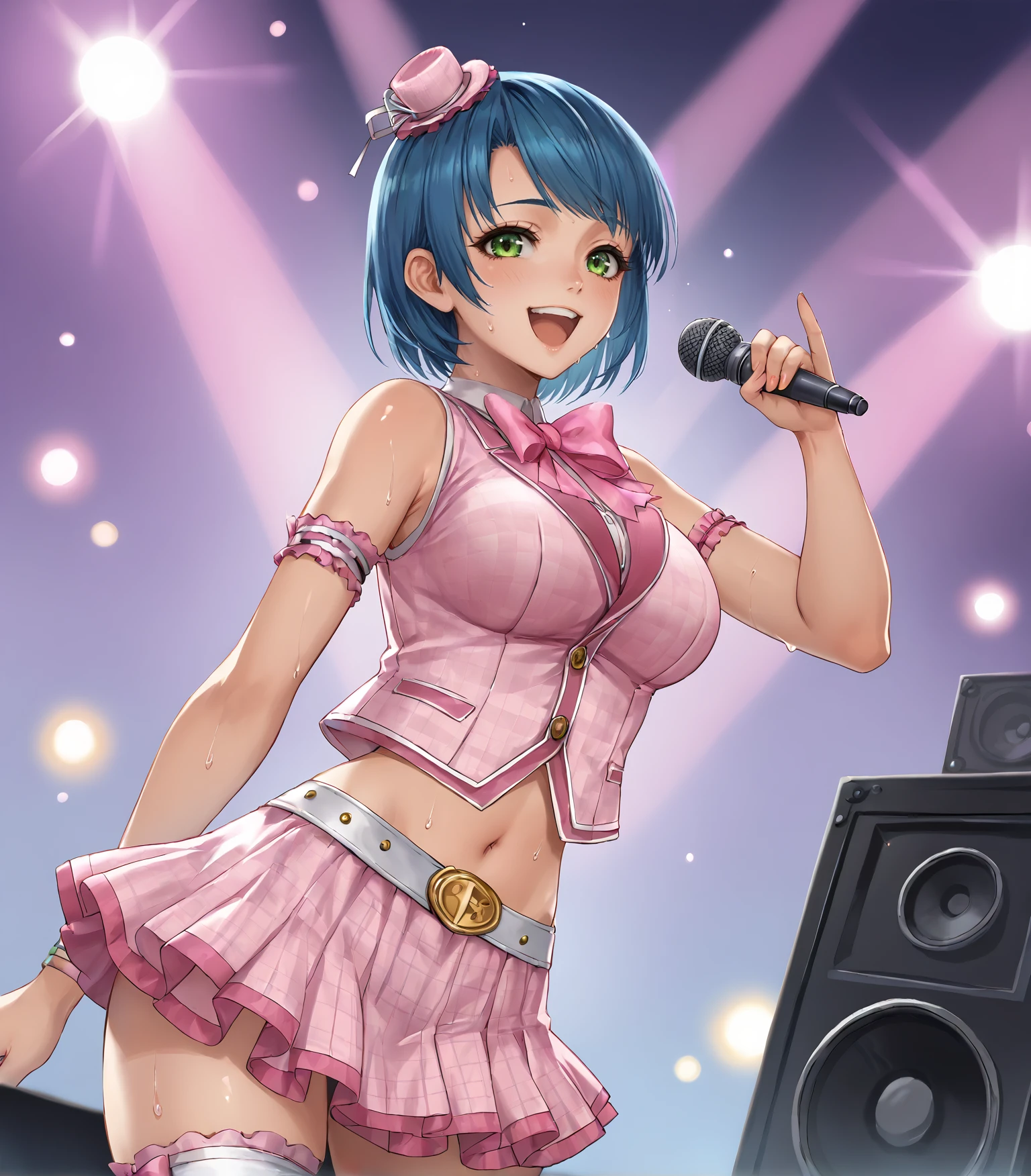 score_9, score_8_up, score_7_up,
1girl, solo,  <lora:SaylaIdol:0.9>, Sayla, blue hair, green eyes, large breasts, pink idol clothes, mini hat, pink vest, midriff, pink skirt, thigh belt, arm belt, white boots,, 
holding microphone, singing, happy, sweat,
on stage, lights, speaker, 
looking at viewer, uppe rbody, portrait, dutch angle,
<lora:LDART_style_pony_v3:0.7>,, <lora:Racoonkun_Artist_Style:0.4>, racoonsan,,