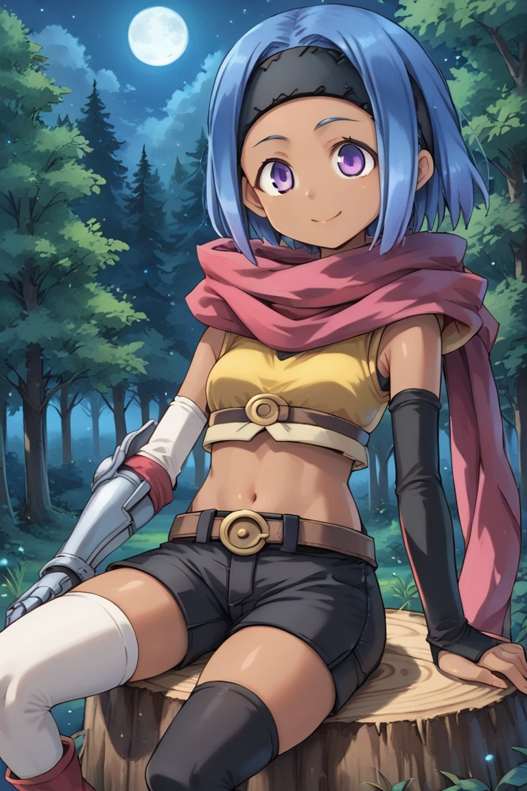 (score_9, score_8_up, score_7_up, score_6_up), source anime, BREAK, solo, <lora:Elena:0.70> eledef, dark skin,1girl, purple eyes, short hair, blue hair, red scarf, headband, yellow crop top, midriff, (gauntlet), black shorts, thighhighs, mismatched legwear, asymmetrical legwear, cowboy shot, night, exterior, forest, trees, moon, closed mouth, smile, (sitting on stump), <lora:zy_Detailed_Backgrounds_v1:0.5> , detailed background, highly detailed,   <lora:backgroundsetXL:0.4> , background,  <lora:m4gXLP:0.6> , m4g,