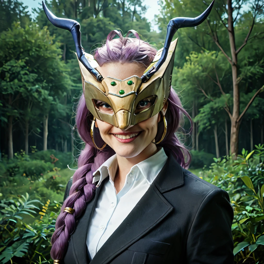 score_9, score_8_up, score_7_up, score_6_up, score_5_up, score_4_up, rating_safe,photorealistic,cinematic,detailed,film grain,professional photography,1girl,solo,queenbeemon,mask,antenna,purple hair,braided ponytail, hair ornament, cropped,portrait,smile,outdoors,forest,trees, <lora:QueenBeemonPony:0.85>, zPDXL2, zPDXLrl