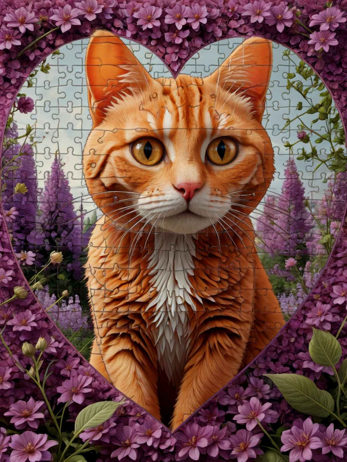 Highly detailed.

Jigsaw hearts.

A ginger cat.

BREAK
A background of mauve flowers.

<lora:JigsawHearts01-00_CE_SDXL_128OT:0.6>